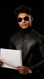 Young Man in Black Leather Jacket and Sunglasses Portrait