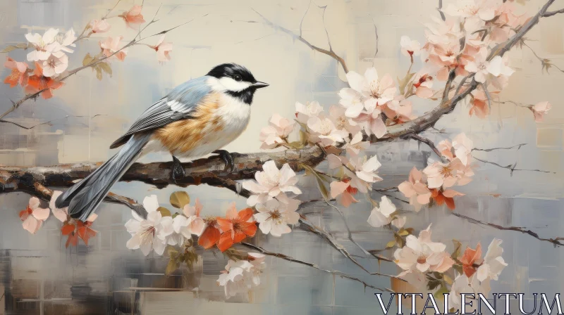 AI ART Bird on Flowering Tree Branch Painting
