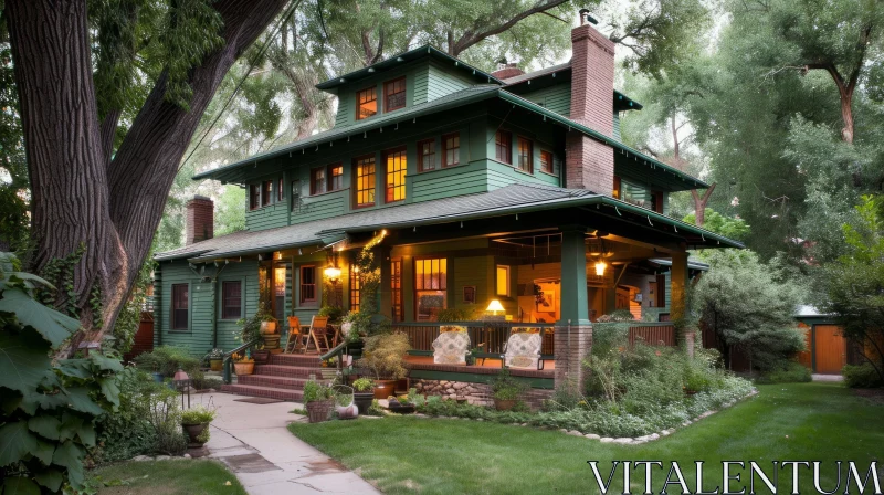 Captivating Craftsman-style House with Green Exterior and Red Brick Chimney AI Image