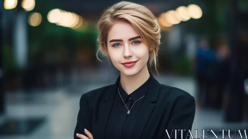 Confident Young Woman in Black Suit AI Image