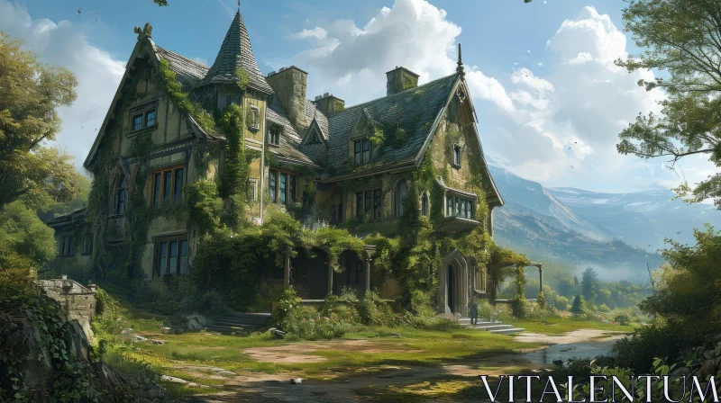 Enigmatic Digital Painting of a Weathered Ivy-Covered Mansion in a Forest AI Image