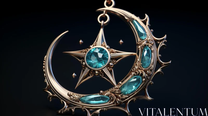 AI ART Exquisite Gold and Blue Gemstone Crescent Moon Pendant