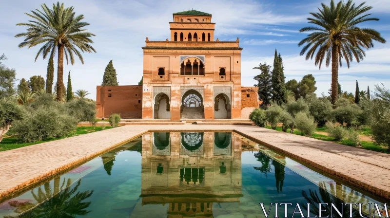 Exquisite Moroccan Palace with Reflecting Pool and Lush Gardens AI Image