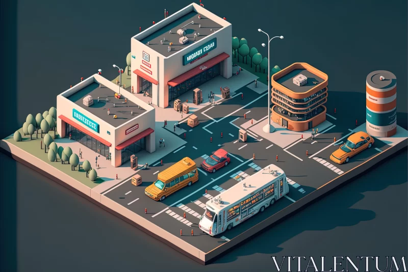 AI ART Isometric 3D Image of Cars, Trucks, Buses, and Buildings in a Blocky Aesthetic