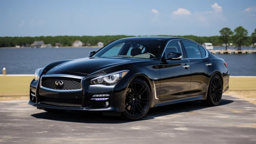 Luxurious Black Infiniti Parked near Water | Wealthy Portraiture Style