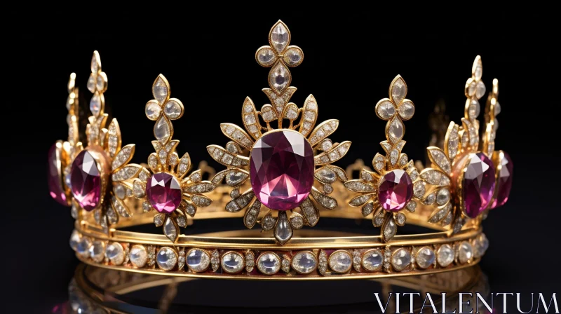 Luxurious Gold Crown with Rubies and Diamonds on Black Background AI Image