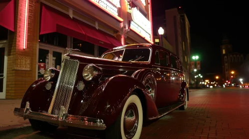 Maroon Vintage Car on Brick Street - City Lights Background