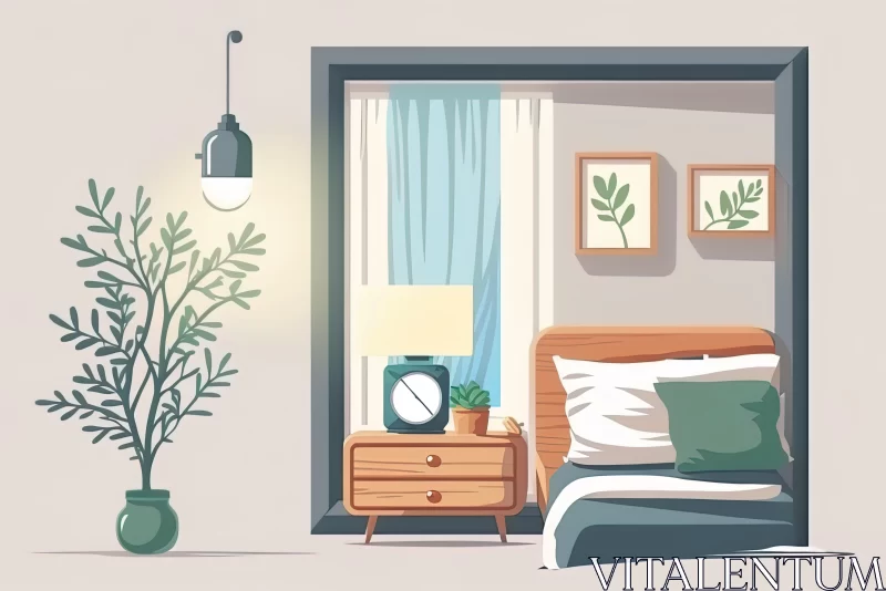 Modern Bedroom Flat Design Illustration with Soothing Landscapes AI Image