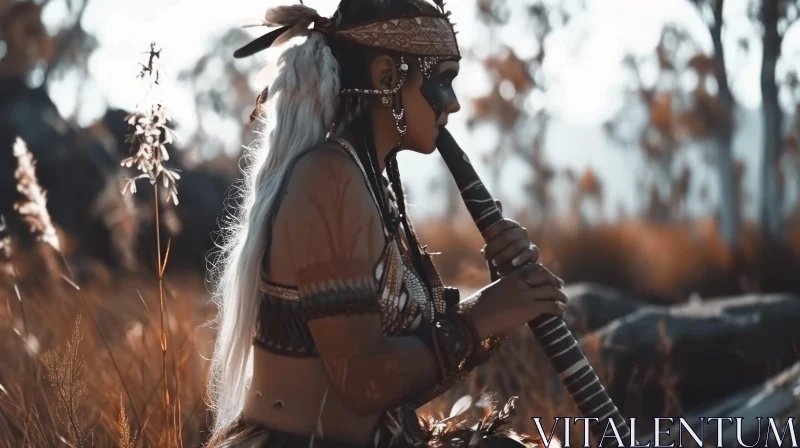 Native American Woman Playing Flute in Serene Field at Sunset AI Image