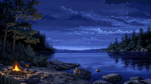 Pixel Art Night Landscape by Lake