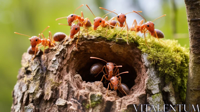 Red Ants on Tree Stump: Nature Exploration Scene AI Image