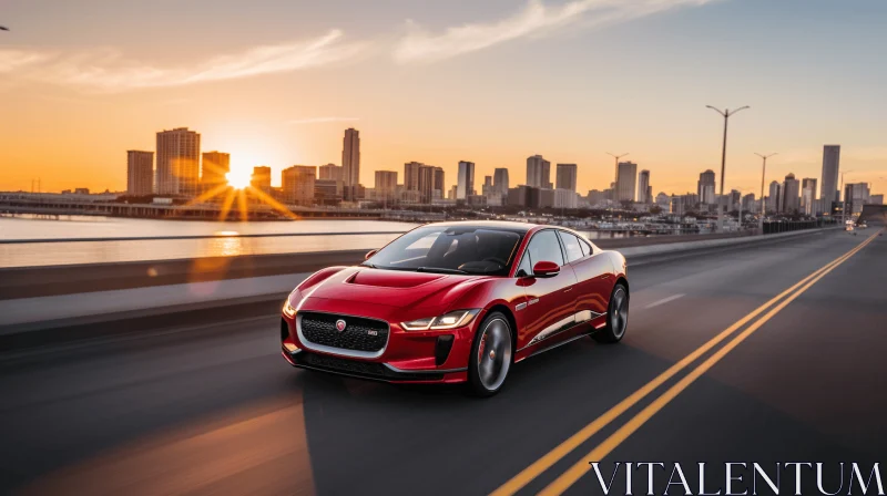 Red Jaguar I-Pace Driving Down the Road Against a Sunny Skyline AI Image