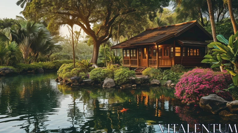 Serene Landscape: Traditional Japanese House in Lush Garden AI Image