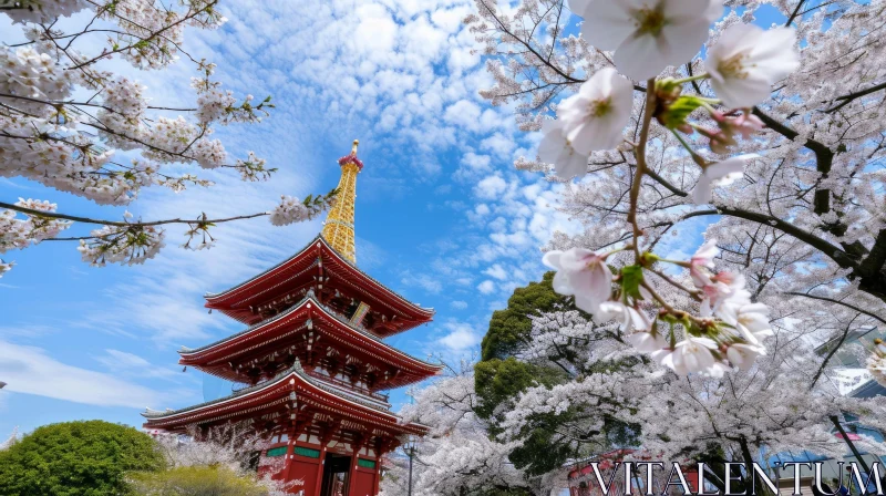 Serene Pagoda Surrounded by Cherry Blossoms in Japan AI Image