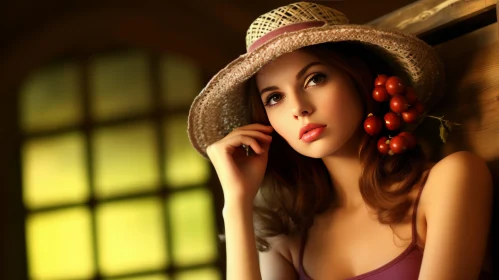 Serious Woman in Straw Hat and Purple Dress Portrait