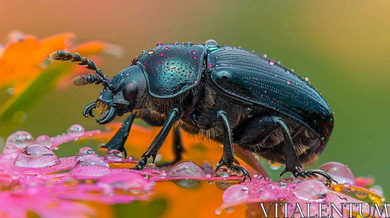 AI ART Shiny Black Beetle on Pink Leaf - Nature Close-up Photo