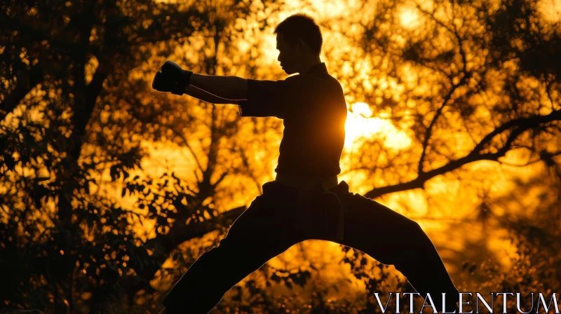 Silhouette of Determined Karate Practitioner at Sunset AI Image