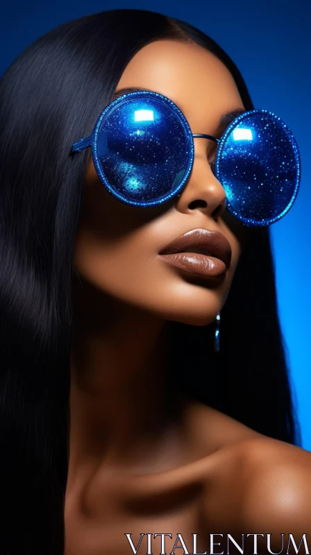 Stylish Portrait of a Young Woman with Blue Sunglasses AI Image