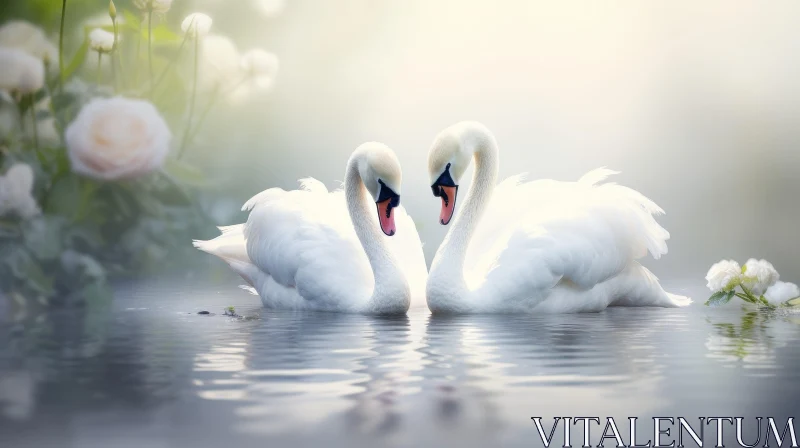 Tranquil Swans Painting on Lake | Nature Artwork AI Image
