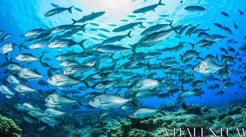 Underwater Photo: School of Jackfish over Coral Reef AI Image