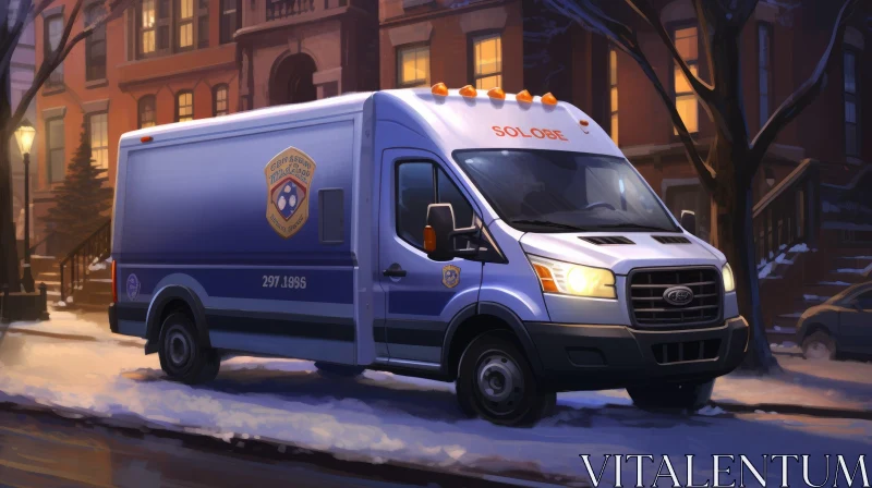 Van in Snowy Boston City Scene AI Image