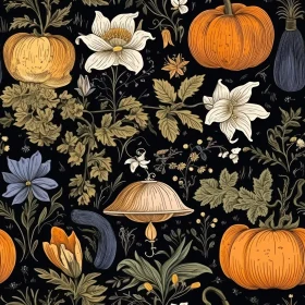 Vintage Pumpkin and Floral Seamless Pattern