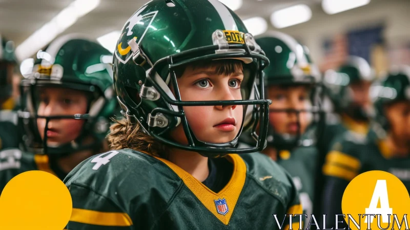 Young Boy in Green Football Uniform and Helmet | Team Sports Photography AI Image