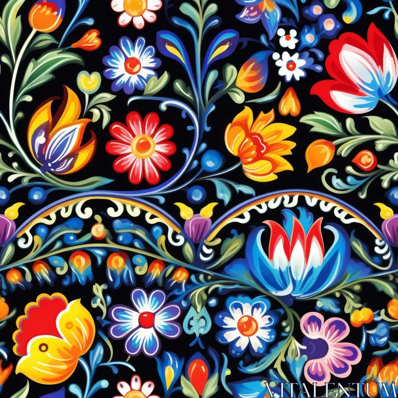 Colorful Floral Pattern on Black Background AI Image
