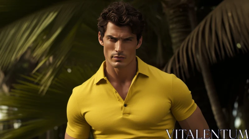 Confident Man in Yellow Polo Shirt by Palm Tree AI Image