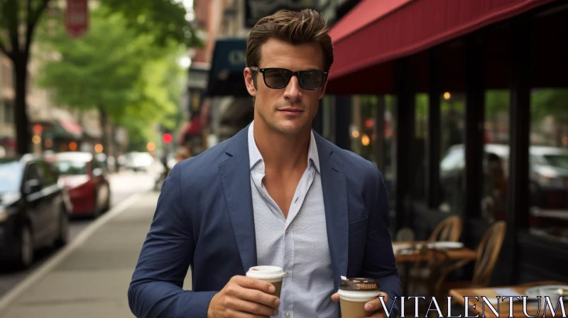 AI ART Confident Young Man in Blue Suit Walking in City with Coffee Cups