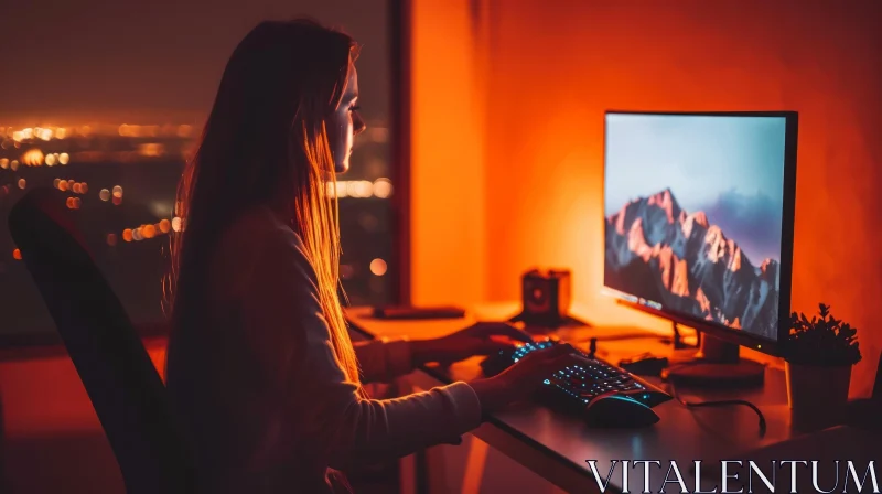 Dark Room Interior: Young Woman Working at Desk AI Image