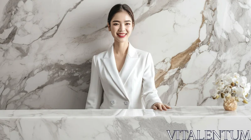 Elegant Asian Woman at Reception Desk - A Captivating Image AI Image