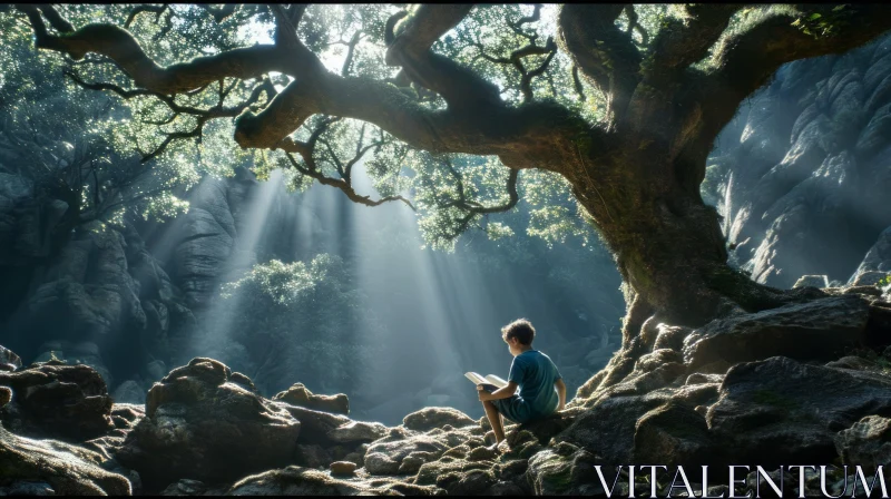 Enchanting Forest: Boy Reading Book in Nature's Embrace AI Image