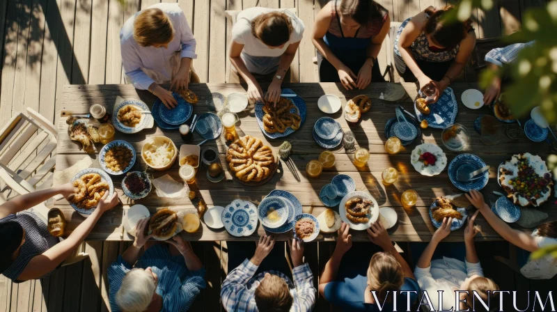 Enchanting Gathering: A Joyful Feast Around a Wooden Table AI Image