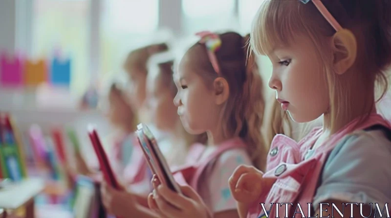 Enchanting Preschool Girls Engaged with Digital Tablets AI Image