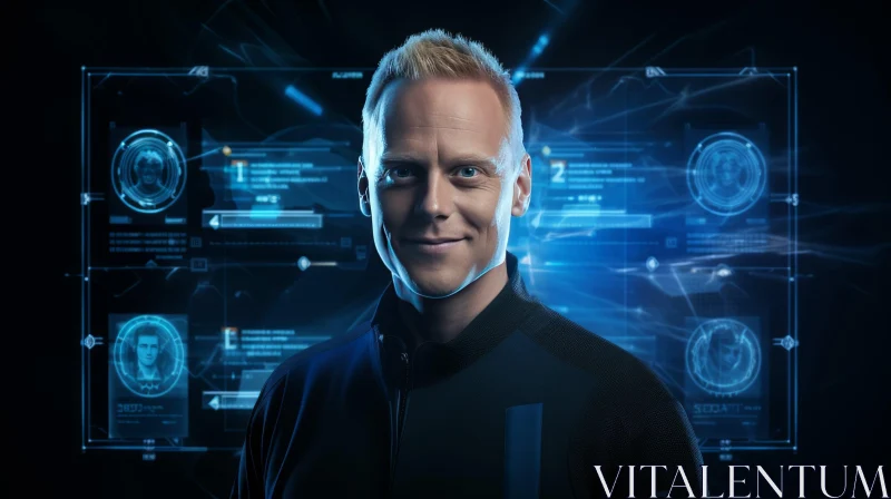 Futuristic Man in Black Jacket on Blue Background AI Image