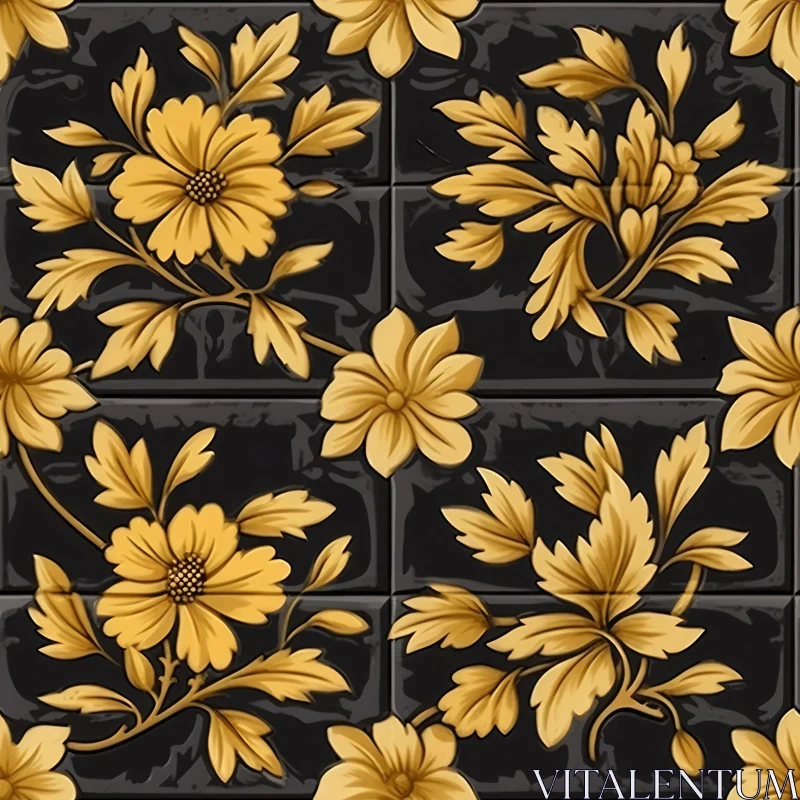 Golden Flowers Seamless Pattern on Black Background AI Image