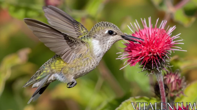 AI ART Green Hummingbird and Pink Flower - Nature's Beauty Captured
