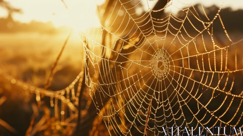 AI ART Morning Dew Spider Web - Delicate Symmetry in Sunlight