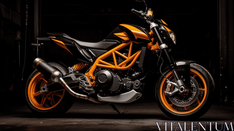 Orange and Black Motorcycle in Dark Room - Visual Harmony and Bold Structural Designs AI Image