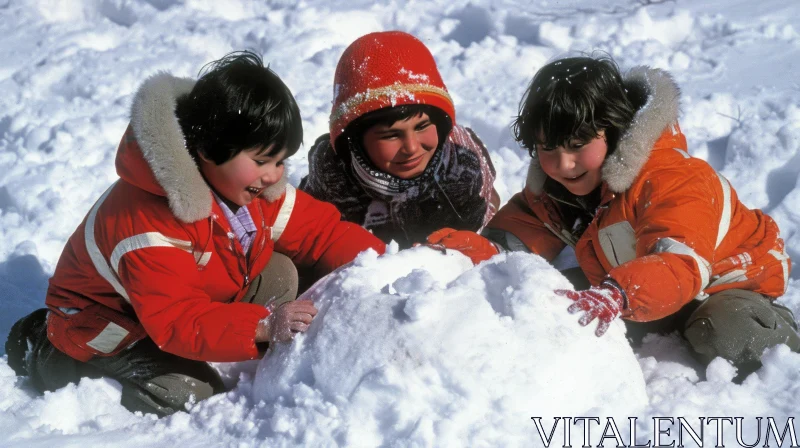 Playful Children Building a Snowman in a Winter Forest AI Image