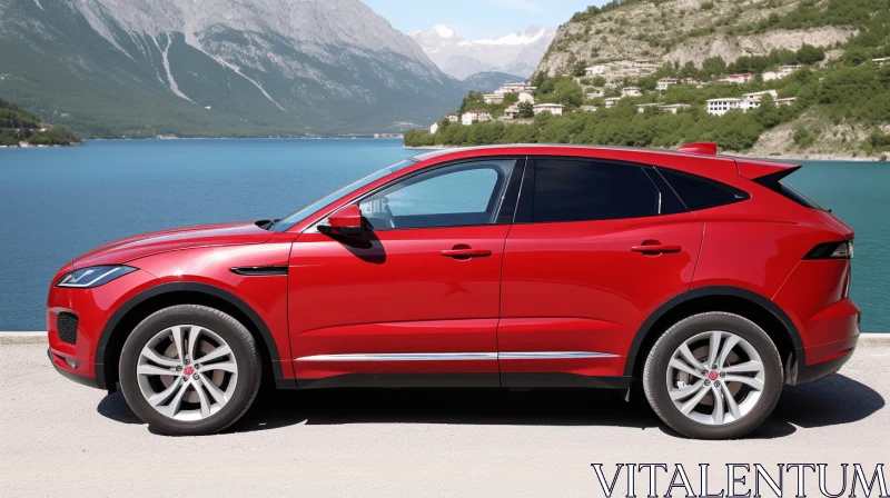 Red Jaguar F Pace SUV Parked by the Lake - Captivating Realistic Artwork AI Image