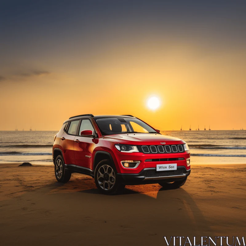 Red Jeep Compass Parked at Sunset on Beach | Dynamic Poses AI Image