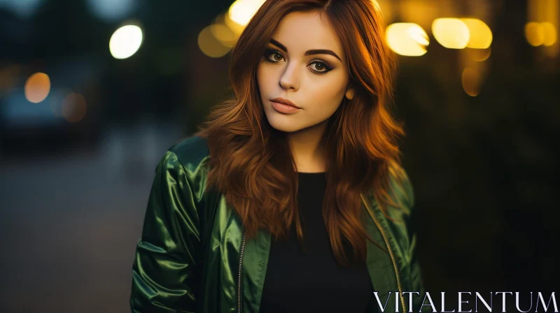 Serious Young Woman in City Night with Red Hair and Green Eyes AI Image