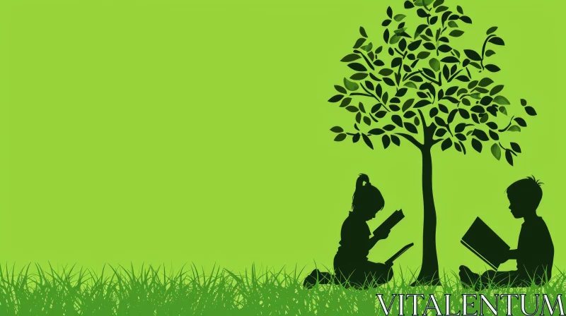 Silhouette of Children Reading Books Under a Tree AI Image