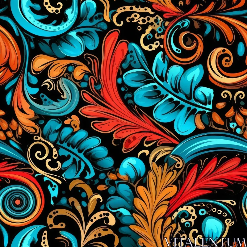Stylized Floral Pattern on Black Background AI Image