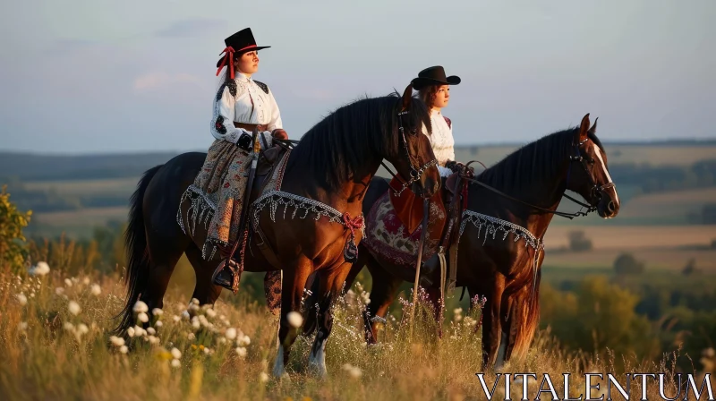 Traditional Hungarian Costumes: Women Riding Horses in a Field AI Image