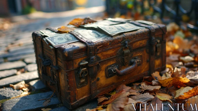 Vintage Brown Leather Suitcase with Money Stack on Cobblestone Street AI Image