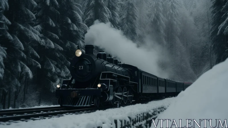 AI ART Vintage Steam Locomotive in Snowy Forest