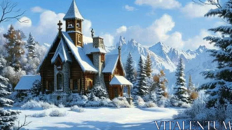 Winter Landscape with Snowy Church and Mountains AI Image
